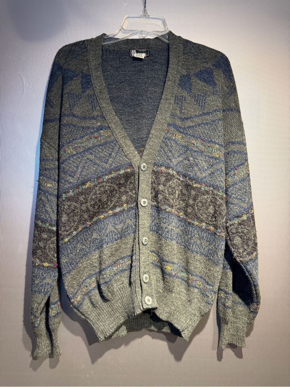 Vintage Bori's Sweater Cardigan Mens Large Geometric Tight Knit Made